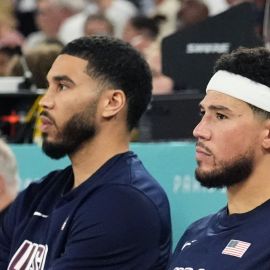 Team USA teammates Jayson Tatum, Devin Booker and Steph Curry