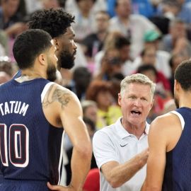 Team USA teammates Jayson Tatum and Steph Curry and head coach Steve Kerr