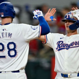 Texas Rangers teammates Jonah Heim and Josh Jung