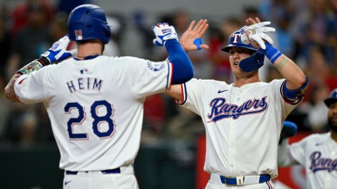 Texas Rangers teammates Jonah Heim and Josh Jung