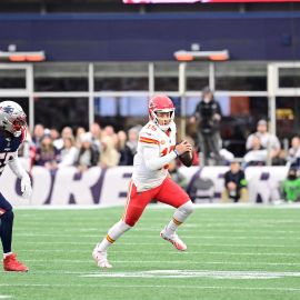 New England Patriots linebacker Joshuah Uche and Kansas City Chiefs quarterback Patrick Mahomes