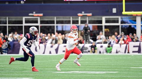 New England Patriots linebacker Joshuah Uche and Kansas City Chiefs quarterback Patrick Mahomes