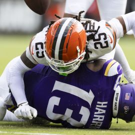 Cleveland Browns cornerback Kahlef Hailassie and NFL tight end N'Keal Harry