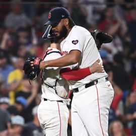 Boston Red Sox closer Kenley Jansen and catcher Connor Wong