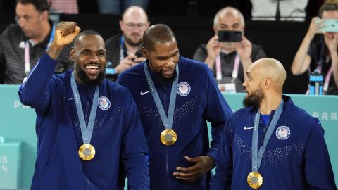 Team USA teammates LeBron James, Kevin Durant and Derrick White