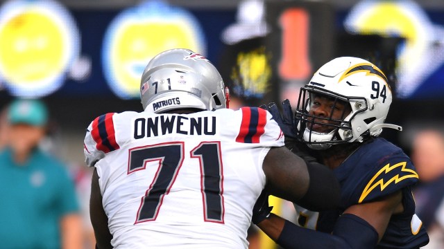 New England Patriots right tackle Mike Onwenu