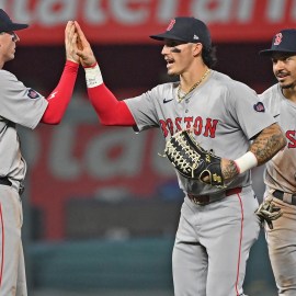 Boston Red Sox teammates Nick Sogard, Jarren Duran and David Hamilton