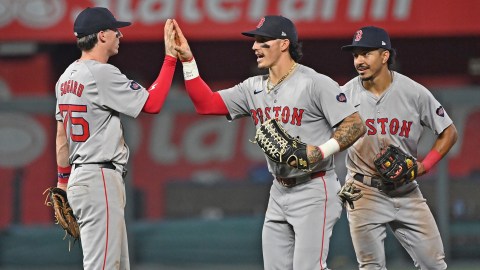 Boston Red Sox teammates Nick Sogard, Jarren Duran and David Hamilton