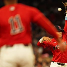 Boston Red Sox third baseman Rafael Devers and second baseman Vaughn Grissom