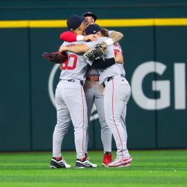 Boston Red Sox outfielder Rob Refsnyder, Jaren Duran and Wilyer Abreu