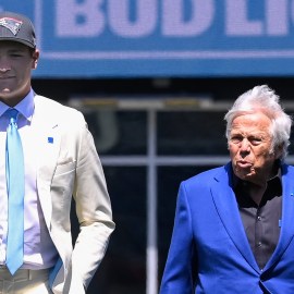 New England Patriots quarterback Drake Maye, owner Robert Kraft