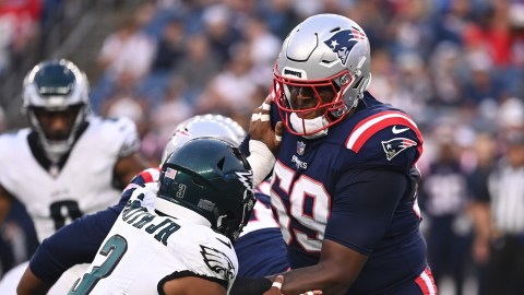 New England Patriots offensive lineman Vederian Lowe, Philadelphia Eagles linebacker Nolan Smith