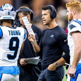 Carolina Panthers quarterbacks Bryce Young and Andy Dalton and head coach Dave Canales