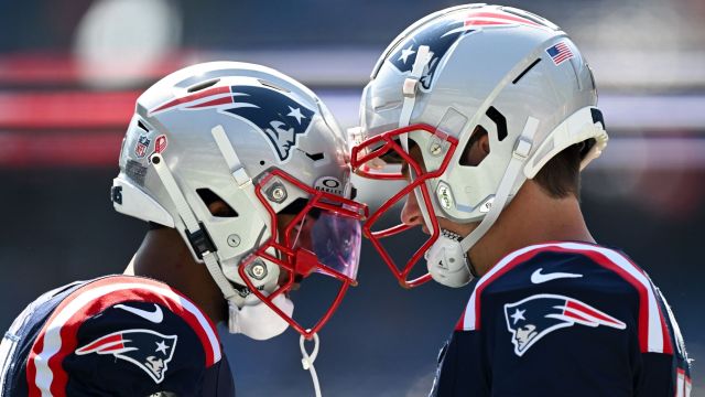 New England Patriots wide receiver Ja'Lynn Polk and quarterback Drake Maye