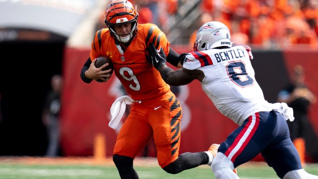 New England Patriots linebacker Ja'Whaun Bentley and Cincinnati Bengals quarterback Joe Burrow