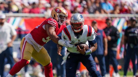 New England Patriots quarterback Jacoby Brissett and San Francisco 49ers linebacker De