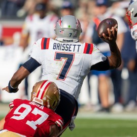 New England Patriots quarterback Jacoby Brissett and San Francisco 49ers defensive end Nick Bosa