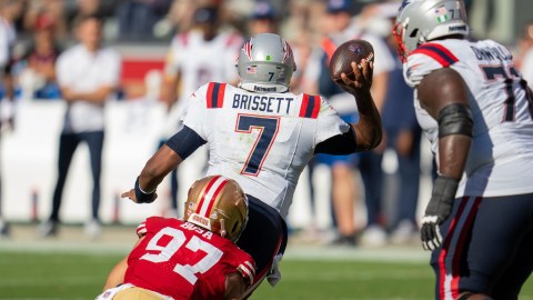 New England Patriots quarterback Jacoby Brissett and San Francisco 49ers defensive end Nick Bosa