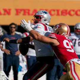 New England Patriots quarterback Jacoby Brissett and San Francisco 49ers defensive end Nick Bosa