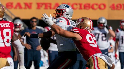 New England Patriots quarterback Jacoby Brissett and San Francisco 49ers defensive end Nick Bosa