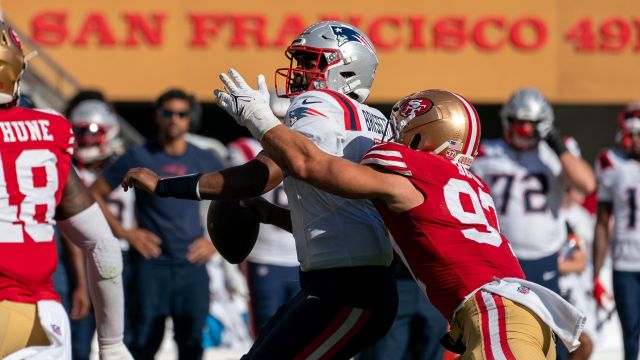 New England Patriots quarterback Jacoby Brissett and San Francisco 49ers defensive end Nick Bosa