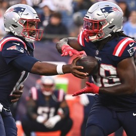 New England Patriots quarterback jacoby Brissett and running back Rhamondre Stevenson