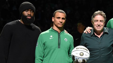 Boston Celtics guard Jaylen Brown, head coach Joe Mazzulla and owner Wyc Grousbeck