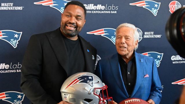 New England Patriots head coach Jerod Mayo and owner Robert Kraft