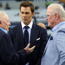 Dallas Cowboys owner Jerry Jones, CEO Stephen Jones and former NFL quarterback Tom Brady