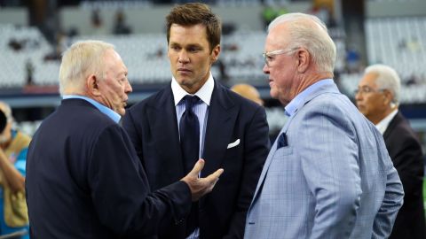 Dallas Cowboys owner Jerry Jones, CEO Stephen Jones and former NFL quarterback Tom Brady