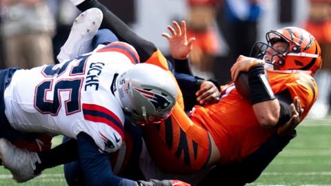 New England Patriots defensive end Keion White, Joshua Uche and Cincinnati Bengals quarterback Joe Burrow