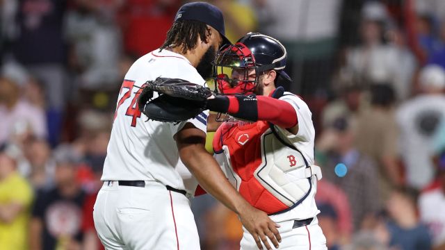 Boston Red Sox pitcher Kenley Jansen and catcher Connor Wong