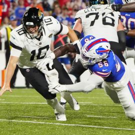 Jacksonville Jaguars quarterback Mac Jones and Buffalo Bills defensive end Javon Solomon