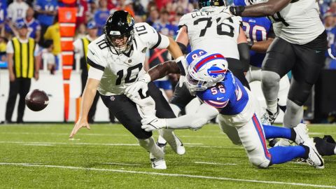 Jacksonville Jaguars quarterback Mac Jones and Buffalo Bills defensive end Javon Solomon