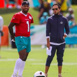 Miami Dolphins quarterback Tua Tagovailoa and head coach Mike McDaniel