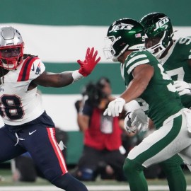 New England Patriots running back Rhamondre Stevenson, New York Jets linebacker Chazz Surratt defensive end Jalyn Holmes