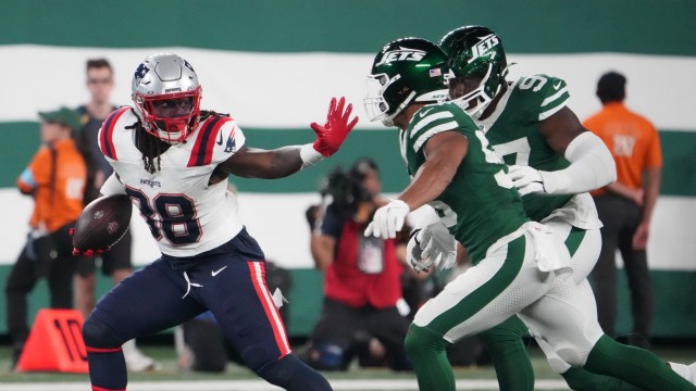 New England Patriots running back Rhamondre Stevenson, New York Jets linebacker Chazz Surratt defensive end Jalyn Holmes