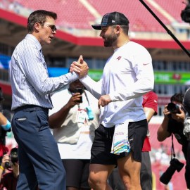 NFL broadcaster Tom Brady, Tampa Bay Buccaneers quarterback Baker Mayfield