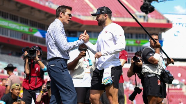 NFL broadcaster Tom Brady, Tampa Bay Buccaneers quarterback Baker Mayfield