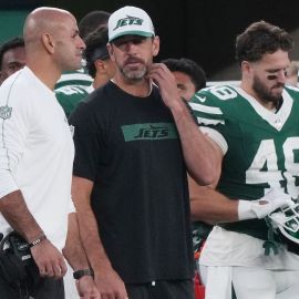 New York Jets quarterback Aaron Rodgers and NFL coach Robert Saleh