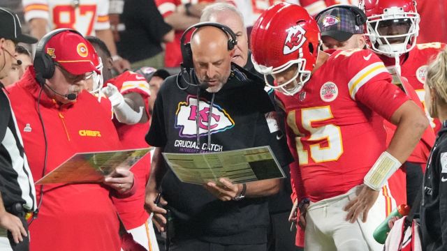 Kansas City Chiefs coaches Andy Reid and Matt Nagy and quarterback Patrick Mahomes