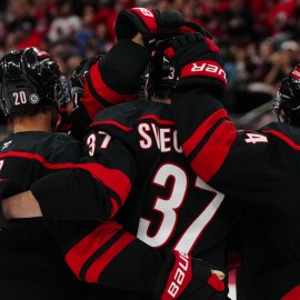 Carolina Hurricanes forwards Andrei Svechnikov, Sebastian Aho and Seth Jarvis