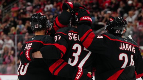 Carolina Hurricanes forwards Andrei Svechnikov, Sebastian Aho and Seth Jarvis