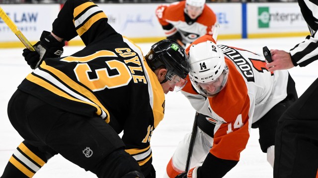 Boston Bruins forward Charlie Coyle and Philadelphia Flyers forward Sean Couturier