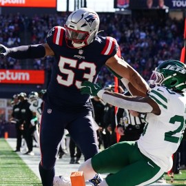 New England Patriots linebacker Christian Elliss, New York Jets running back Breece Hall