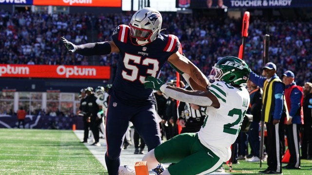 New England Patriots linebacker Christian Elliss, New York Jets running back Breece Hall