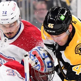 Boston Bruins forward Cole Koepke and Montreal Canadiens defenseman Arber Xhekaj and goaltender Cayden Primeau