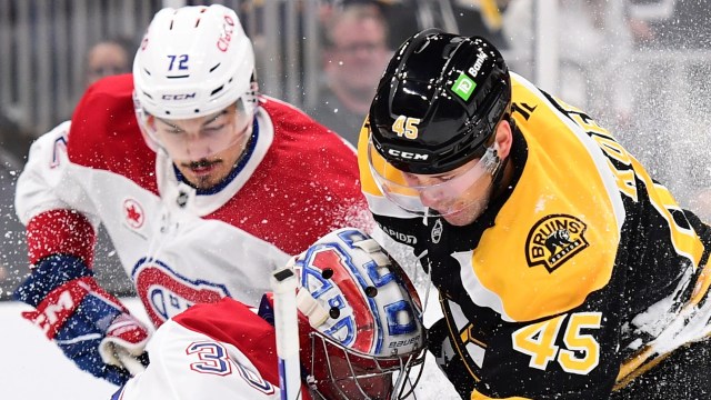 Boston Bruins forward Cole Koepke and Montreal Canadiens defenseman Arber Xhekaj and goaltender Cayden Primeau