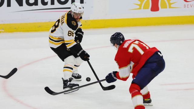 Boston Bruins forward David Pastrnak and Florida Panthers defenseman Niko Mikkola