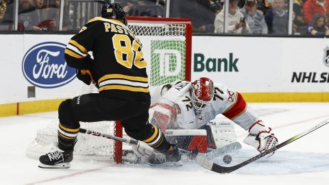 Boston Bruins forward David Pastrnak and Florida Panthers goalie Sergei Bobrovsky